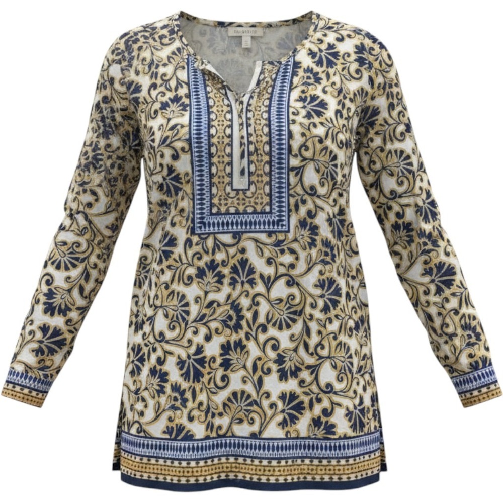 Roz & Ali Women XL Tunic Top Navy Blue Yellow Floral Paisley Tie Neck Blouse